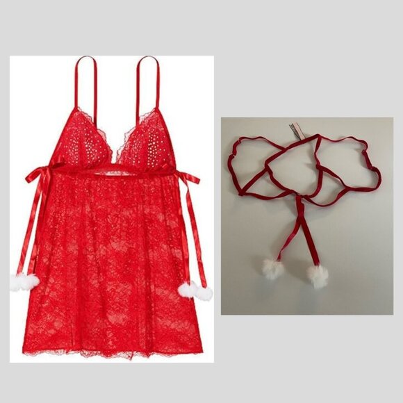 New! Victoria's Secret Set Dream Angels Pom Pom Babydoll Slip Panty 22948 - Picture 1 of 14